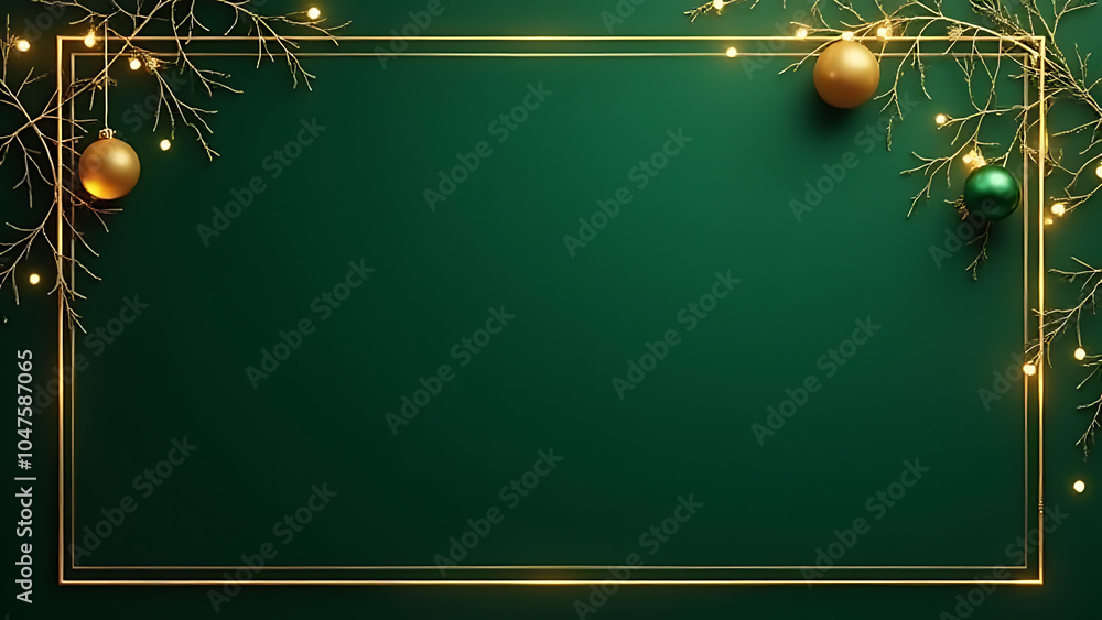 Poster gold frame decorations feature dark green backgrounds with empty space for text, ideal for holidays 