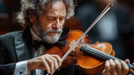 A skilled violinist performing passionately during a concert in a grand auditorium at night