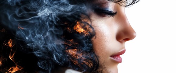 Fototapeta premium A woman's face is covered in smoke and fire, creating a dramatic and abstract image.