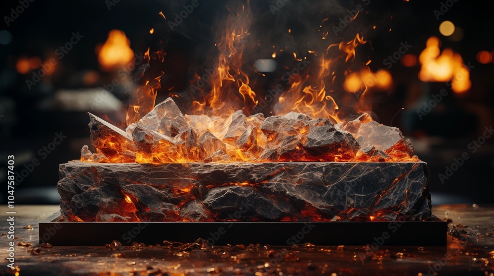 Wall mural stone display stand with flames on a dark background, adding intensity and drama for high-impact vis