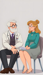 Obraz premium Middle-aged psychologist sitting next to his patient and listening to her childhood story in order to find reason of her disease isolated with white highlights, png