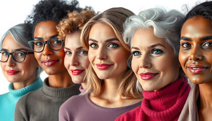 Fototapeta premium Women of different ages and races isolated with white highlights, png