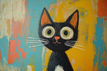 Black cat on a colorful background. Cat painting on the wall.