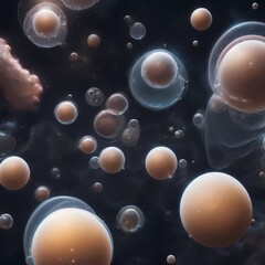 air bubbles in black space, microplanets in space, 