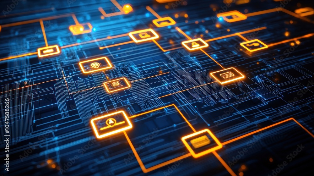 Poster Abstract Digital Network with Glowing Orange Icons