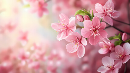 Obraz premium Blooming pink cherry blossom flowers against a soft blurred background. Cherry Blossom Grove. Illustration