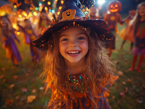 Smiling Little Girl in a Witch Costume at a Halloween Party