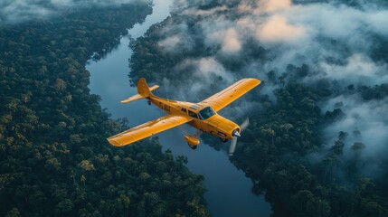 Yellow Airplane Flying Over a River in the Jungle