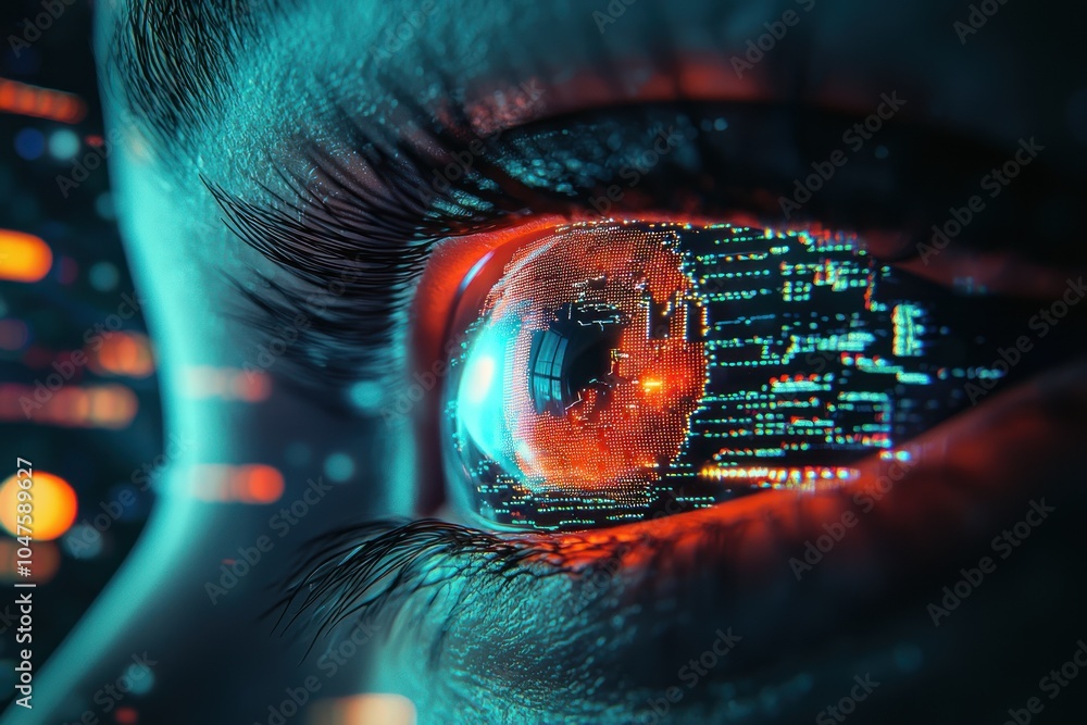 Poster a close-up view of a human eye with digital code reflected in the pupil
