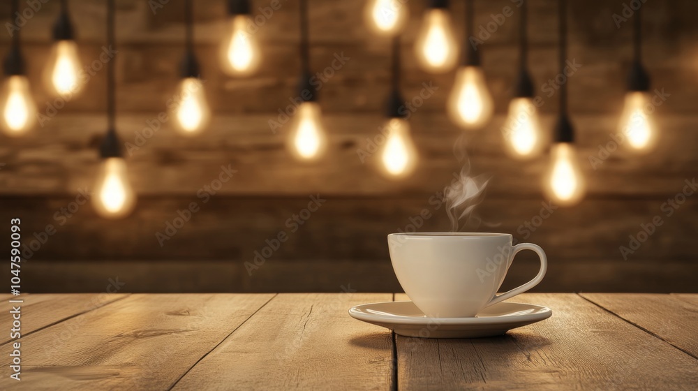Poster a cozy setting showcases a steaming cup of coffee on a rustic wooden table. warm pendant lights illu