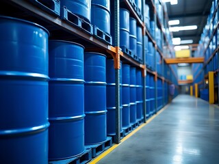 A warehouse filled with blue oil barrel