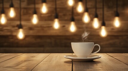 Fototapeta premium A cozy setting showcases a steaming cup of coffee on a rustic wooden table. Warm pendant lights illuminate the background, creating an inviting atmosphere perfect for relaxation or conversation.