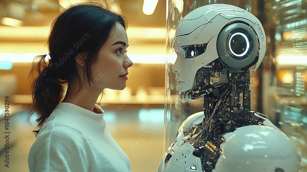 Poster a woman engages in a thoughtful encounter with a humanoid robot in a high-tech environment showcasin
