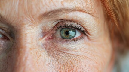 Fototapeta premium A close-up of an elderly person's eye, showcasing vibrant green iris and detailed skin texture around the eye.