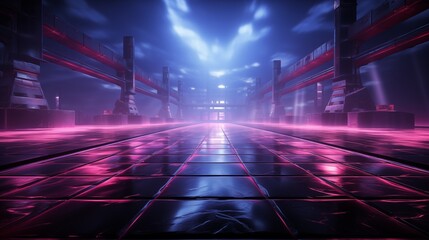 Dark stage illuminated by soft neon lights in pink, blue, and purple hues, creating a surreal and inviting atmosphere.