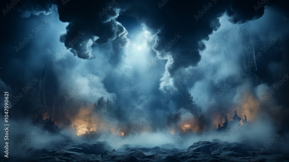 Poster a shadowy, smoky stage in dark blue tones, perfect for adding a mysterious element to presentations 