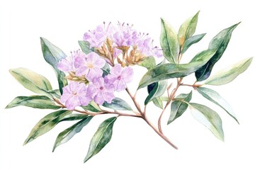 Aromatic Myrtle Essence. Watercolor Illustration of Fresh Myrtle Flowers and Scented Leaves for Spa Aromatherapy