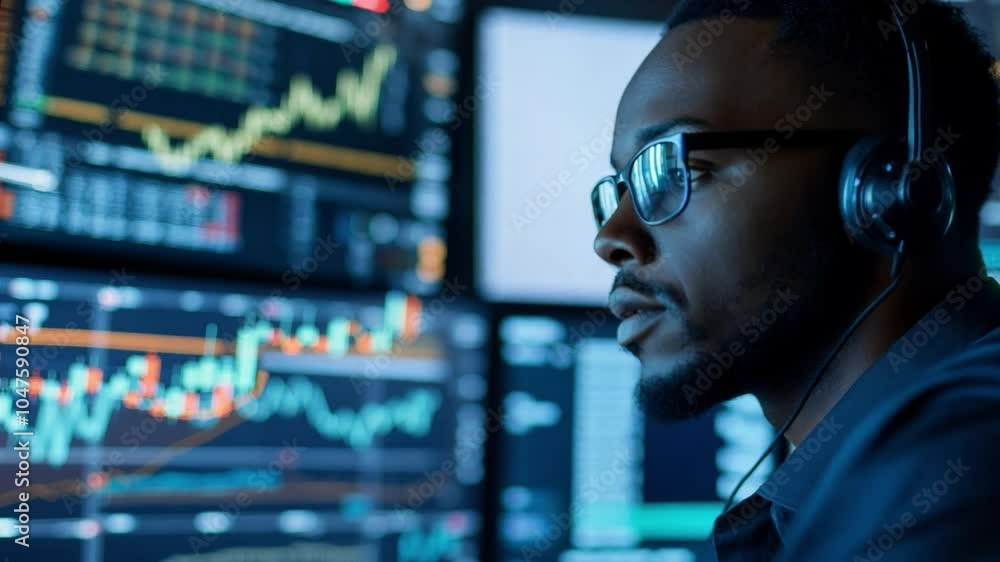 Poster analyst focuses intently on multiple computer screens displaying financial market data in a modern o