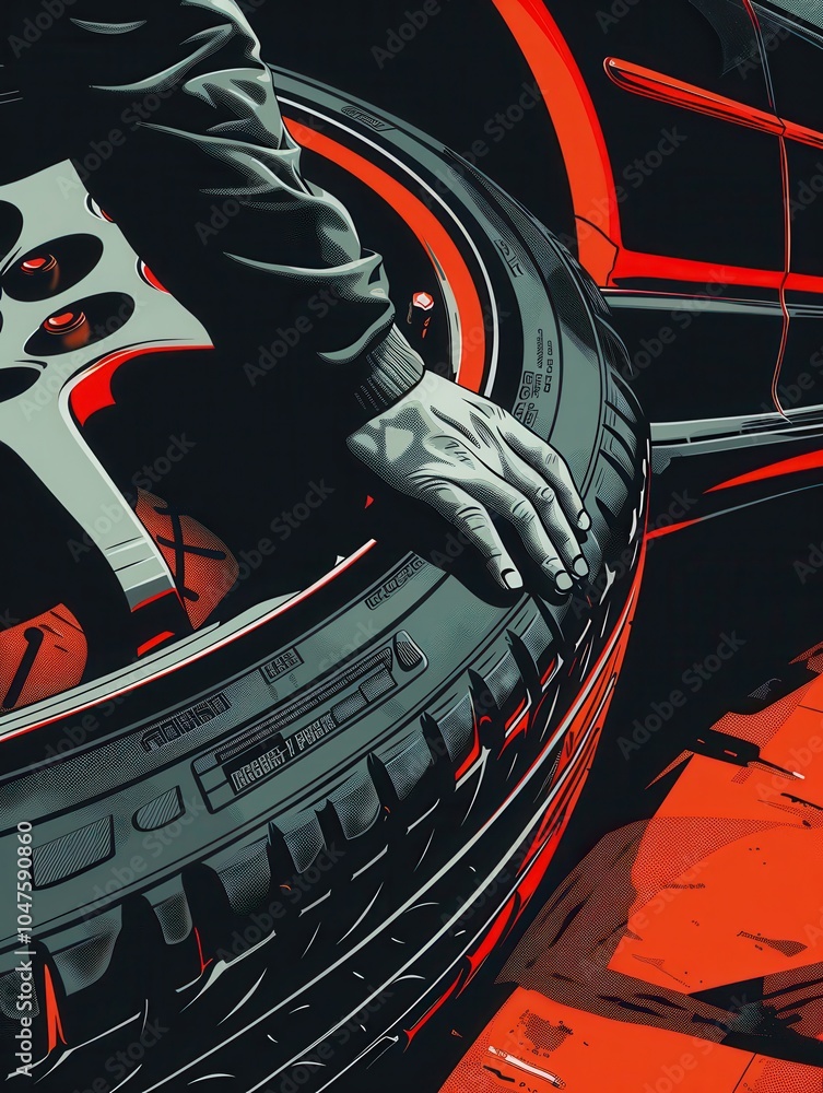 Aufkleber A mechanic is in the process of changing a tire on a car in a workshop, emphasizing the tire and the careful handling involved. Generative AI