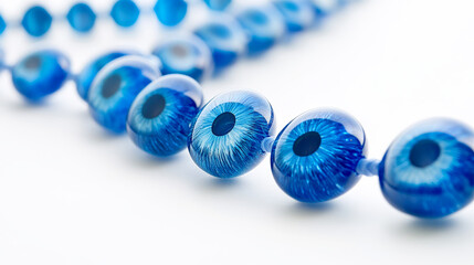 Imagine a series of blue eye beads arranged on a crisp white background, starting with tiny beads at one end, their deep azure hues glistening like the ocean. 