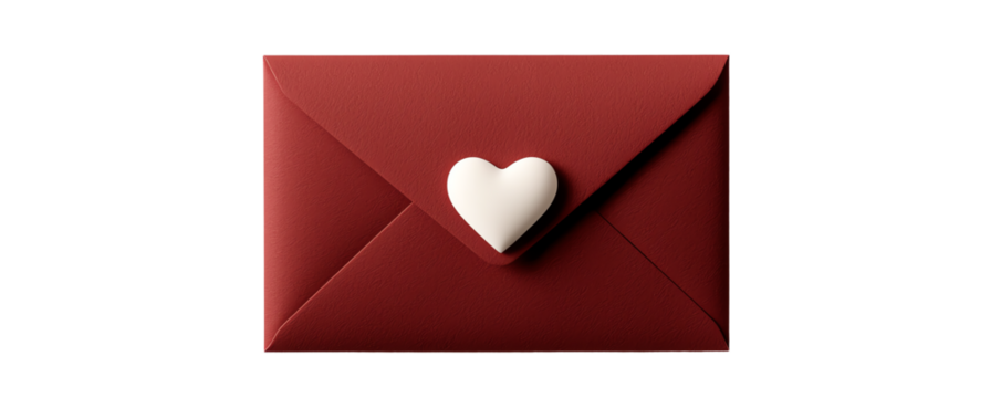 Red envelope with a heart-shaped seal, white isolated background. transparent background