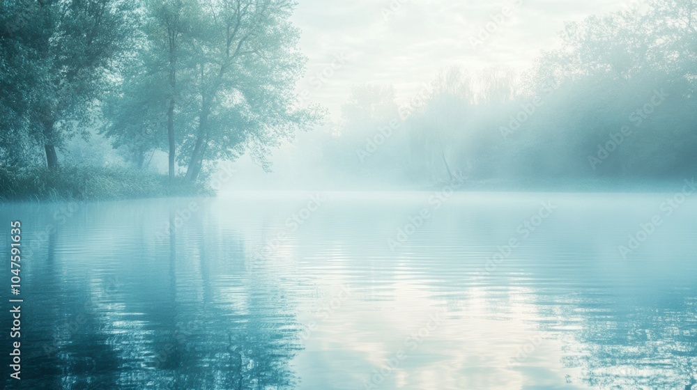 Poster the calm surface of a lake reflects misty trees, evoking a sense of tranquility and serenity in the 