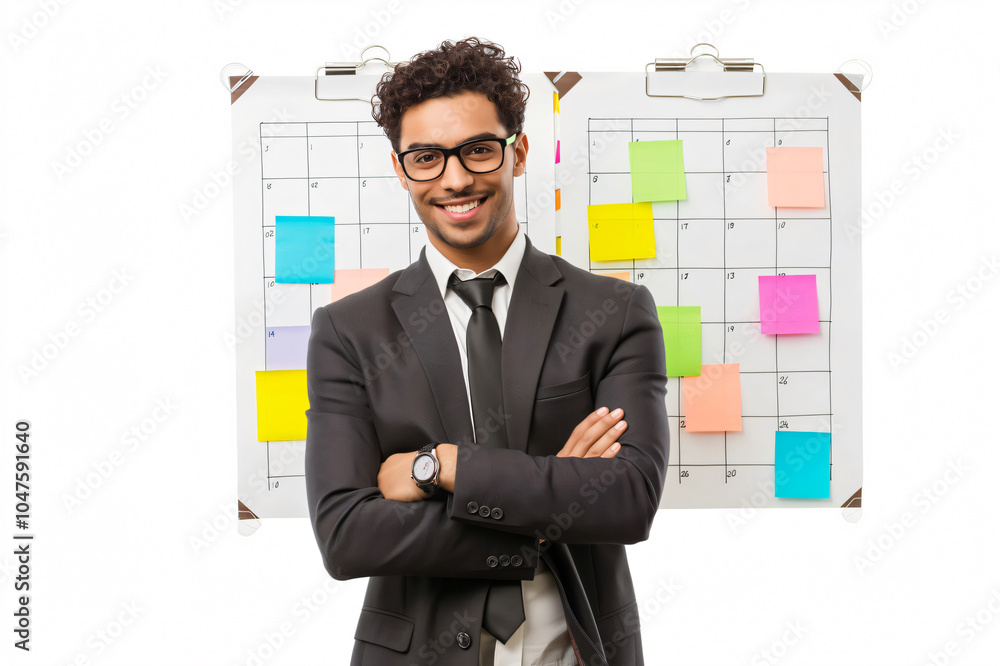Poster project manager is smiling with his arms crossed in front of a calendar with notes on it