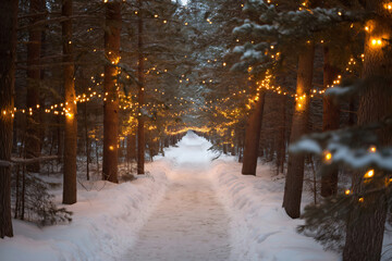Snow covered path is illuminated by string lights hung between the trees of a snowy forest at twilight
