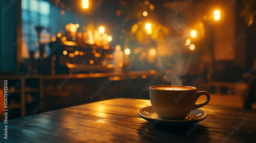 Poster a steaming cup of coffee rests on a rustic wooden table, surrounded by soft warm lighting in a cozy 