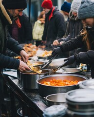 Food being served in a public setting, volunteers in winter attire, charity and giving food to those in need, outdoor assistance themes