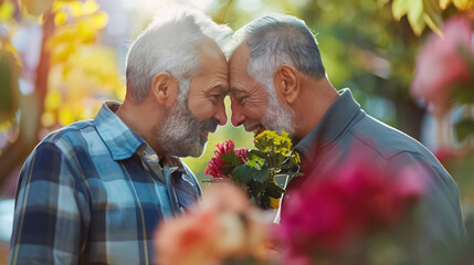 senior man gay couple standing with flowers in park and kissing, romantic moment of older lgbt male, men hugging and embracing