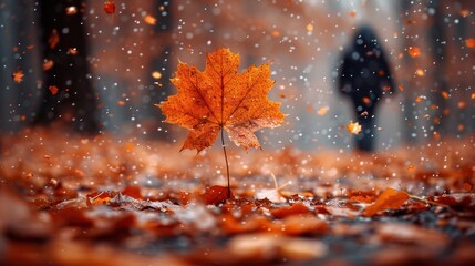 A close-up of an autumn leaf falling through the air, with blurred figures walking among the leaves on the ground and falling snowflakes in the background