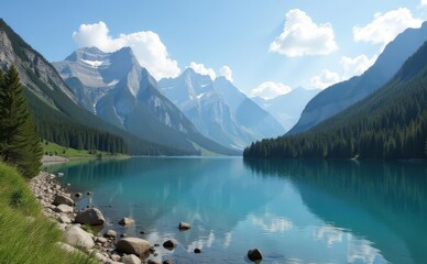 mountain lake with clear blue water and snowcapped peaks reflecting in the surface, A lake with mountains in the background