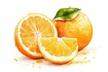 Hand-drawn Watercolor Illustration of Fresh Mandarin Orange Slice with Essential Oil