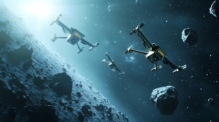 Obraz premium Ai-controlled drones conducting a survey of an asteroid belt outer space. Asteroid Belt. Illustration
