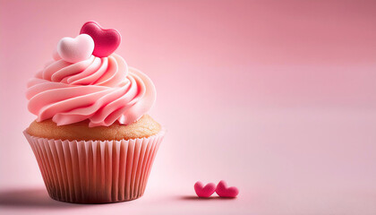 pink cupcake with pink frosting and hearts on pink background, Pink birthday cupcakes, valentine cupcake , baby shower celebration cakes, copy for 