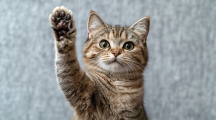 A playful cat with raised paw against a textured gray background in a cozy indoor setting during...