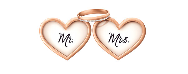 Mr. and Mrs. hearts with wedding ring on white background. transparent background