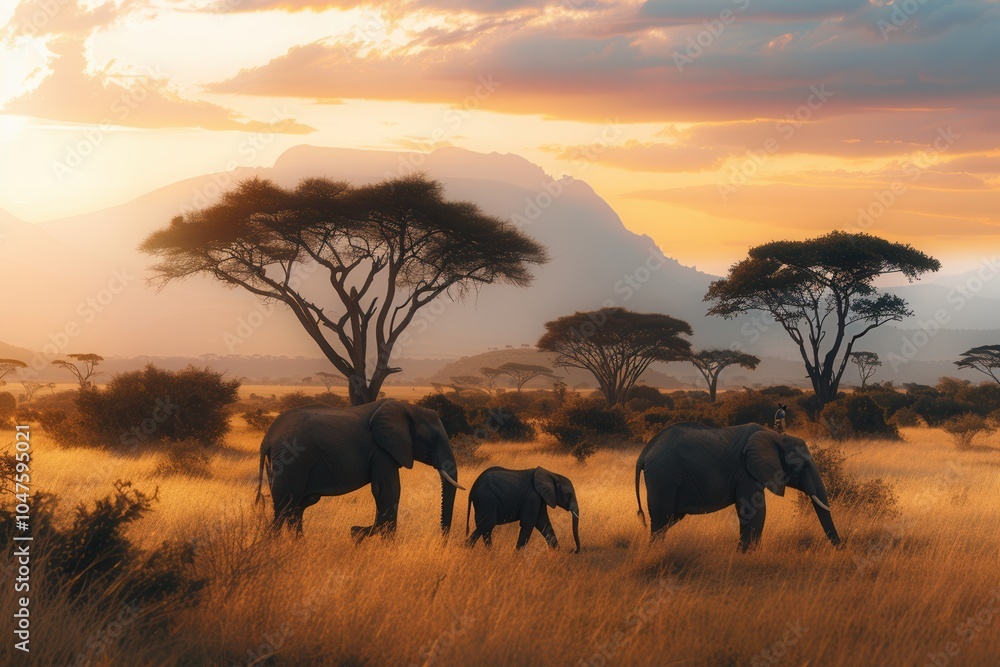 Poster a majestic family of elephants walks across the golden savanna, illuminated by the warm glow of the 