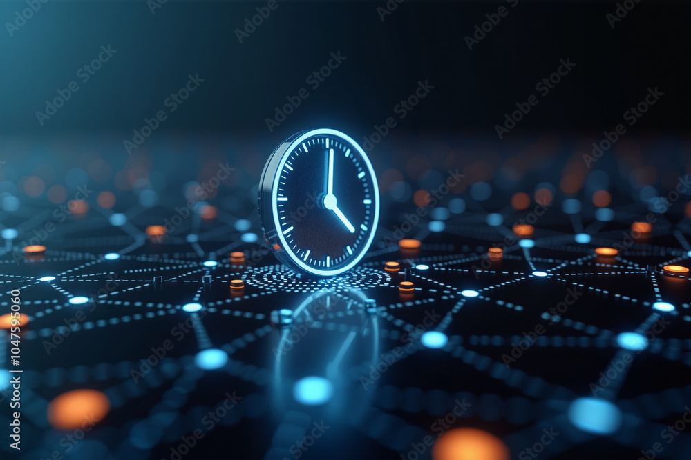 Poster a clock atop a network of interconnected lines and dots on a dark background, representing time mana