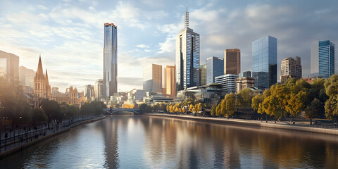 Naklejka premium Coastal City Skyline: Modern Towers and Sunlit Harbor by the Sea