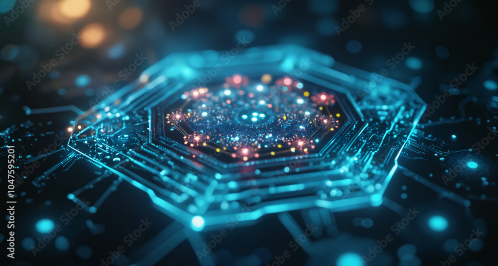 Poster a circuit board with a glowing hexagonal design at the center, surrounded by intricate blue lines an