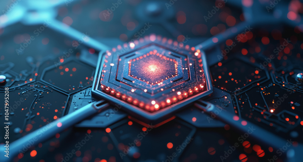 Poster a circuit board with a hexagonal red and blue structure, illuminated by glowing lights against a bla