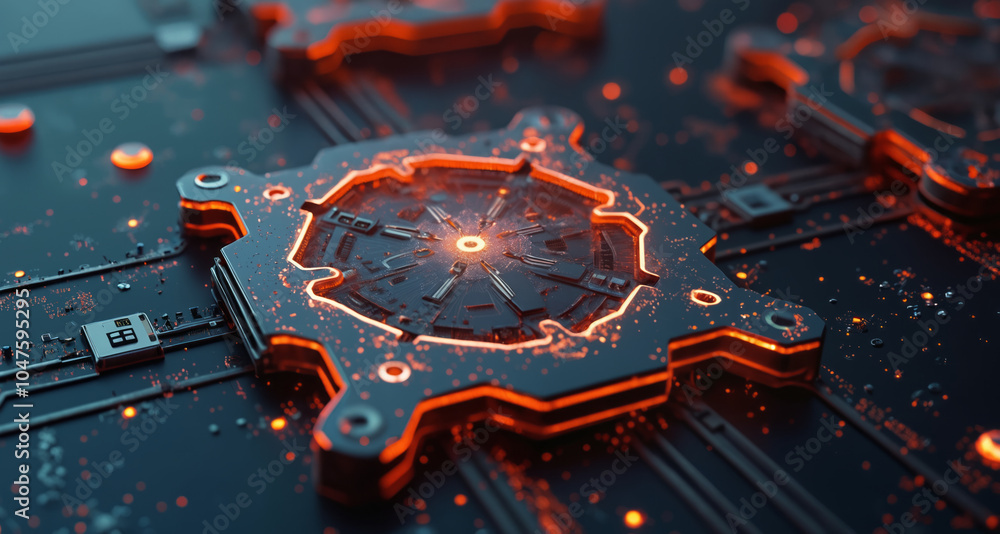 Poster a computer motherboard with a central clock design, illuminated by an orange glow.