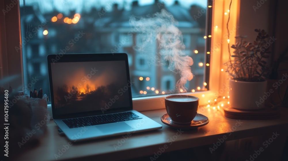 Poster a warm cup sits next to a laptop on a wooden desk, with soft glowing lights illuminating the room. t