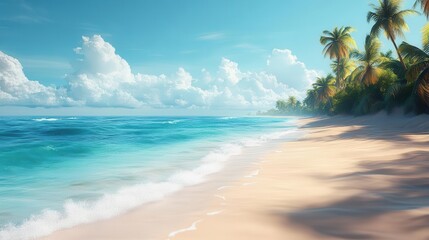 blurred background of a tropical beach with gentle waves and soft sand, evoking the essence of summer vacation and relaxation