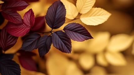 Obraz premium Abstract close-up of golden and dark red autumn foliage with soft background blur