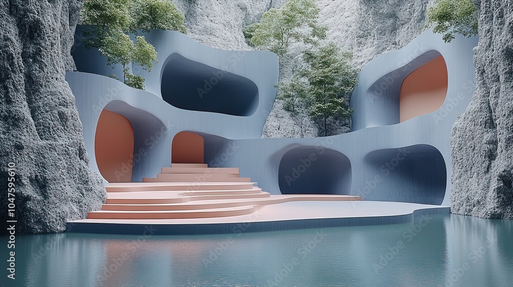 Poster a futuristic building with a pool in front of it