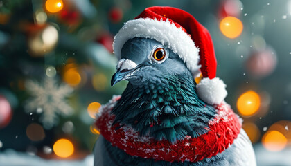Realistic Christmas pigeon wearing a Santas Hat, magical winter decoration, cute Xmas animal, snow, Christmas ornaments, festive holiday, animal, cozy snow-covered scene, holiday animal decor