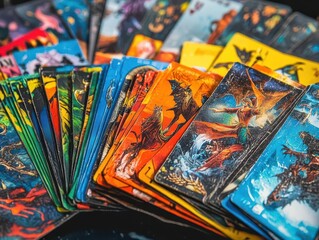 A closeup of colorful game cards fanned out on a table, symbolizing variety and strategic choices